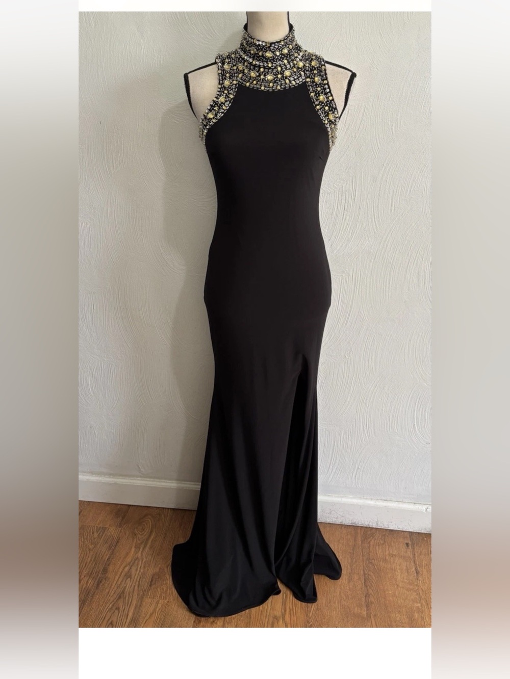 Betsy & Adam Black Maxi Dress with Beaded Halter Front Slit Size 2